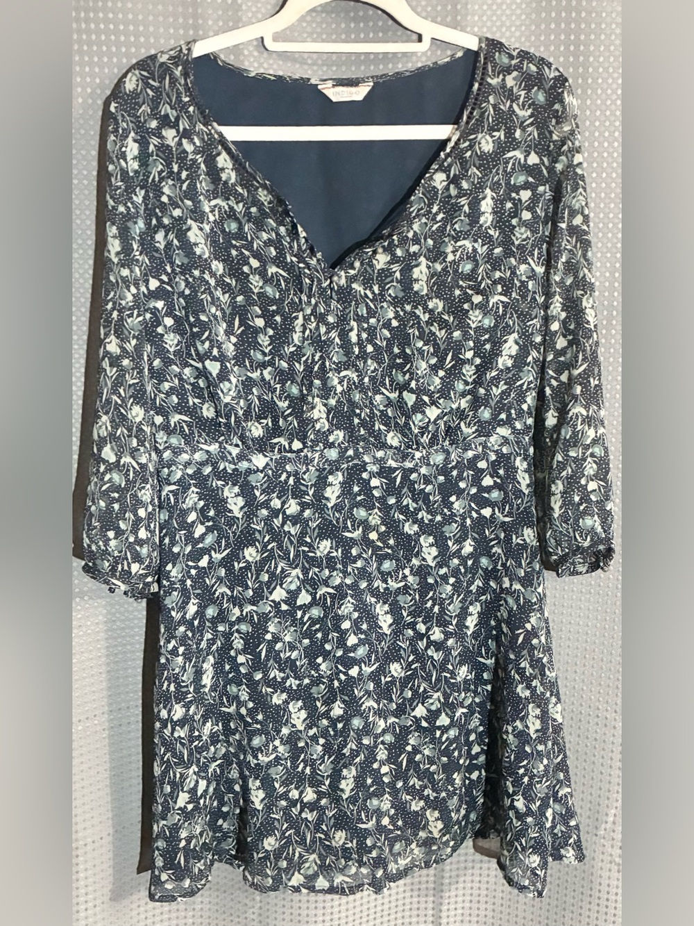 Indigo Boho Dress UK 12 -US 8 Navy Mix Lined Elastic Waist Sheer Slve Festival
